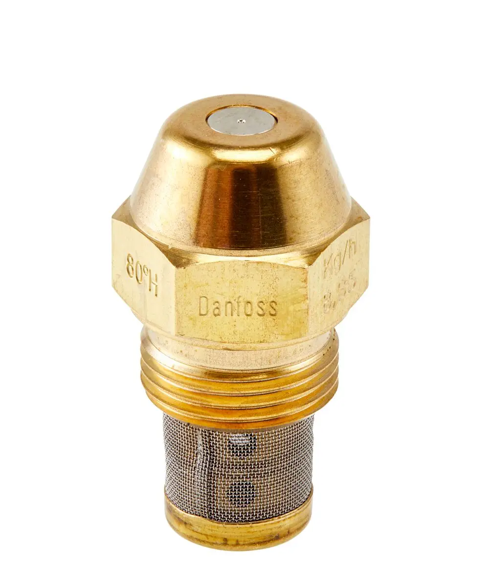 Danfoss Öldüse mit Metallgehäuse und feinmaschigem Filter an der Unterseite. Die Düse hat eine konische Form und ist für ölbasierte Anwendungen konzipiert.